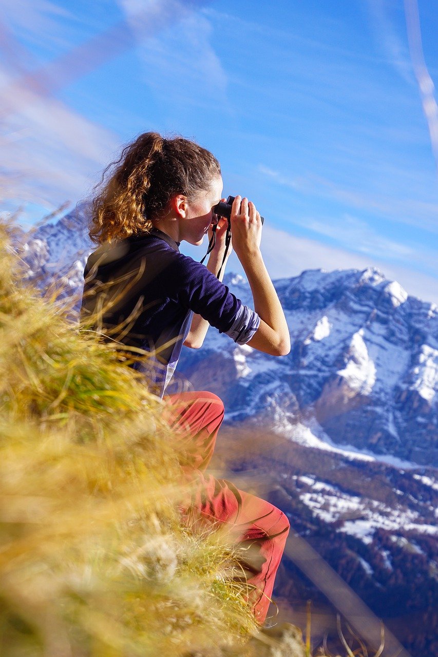 binoculars, girl, mountain